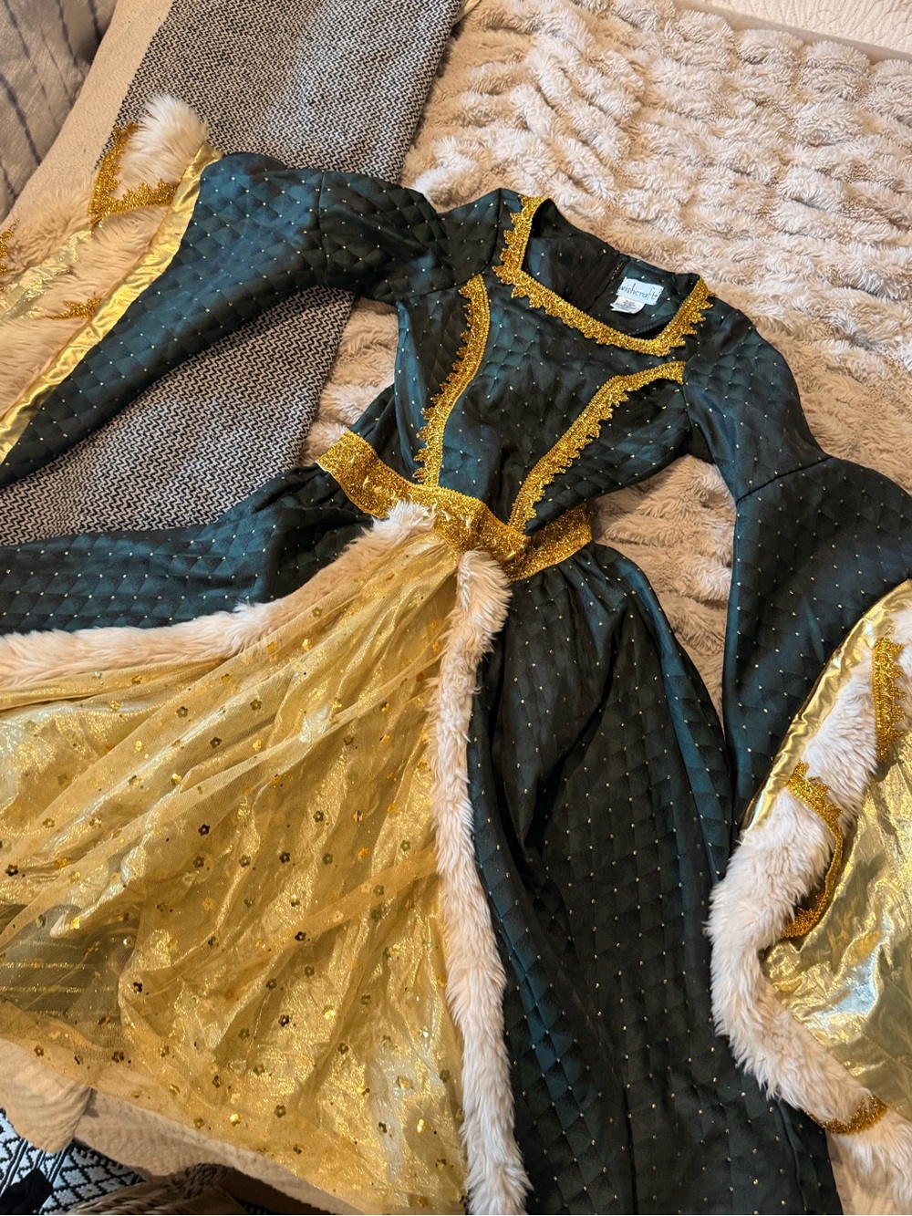 Kids Gold & Dark Green Princess queen dress-up Costume Dress with Fur Trim